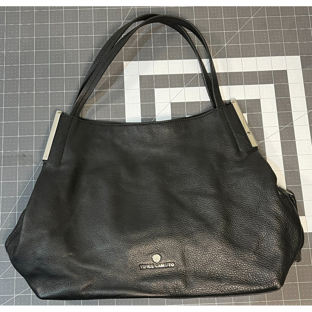 Vince Camuto Black Pebble Leather Large Hobo Shoulder Bag Silver Hardware Purse